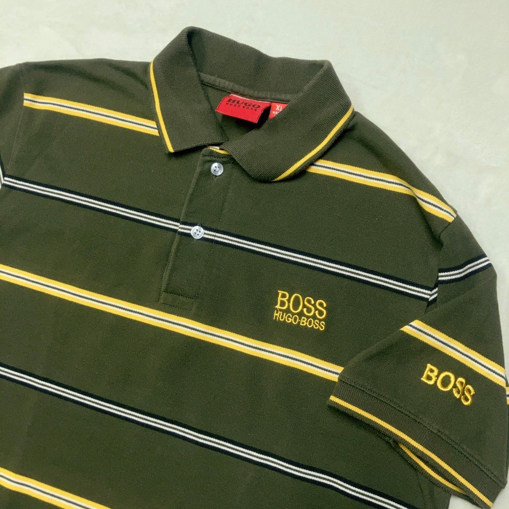 Boss Hugo Boss Polo Shirt Men's XL Green Striped Collar Cotton Short Sleeve